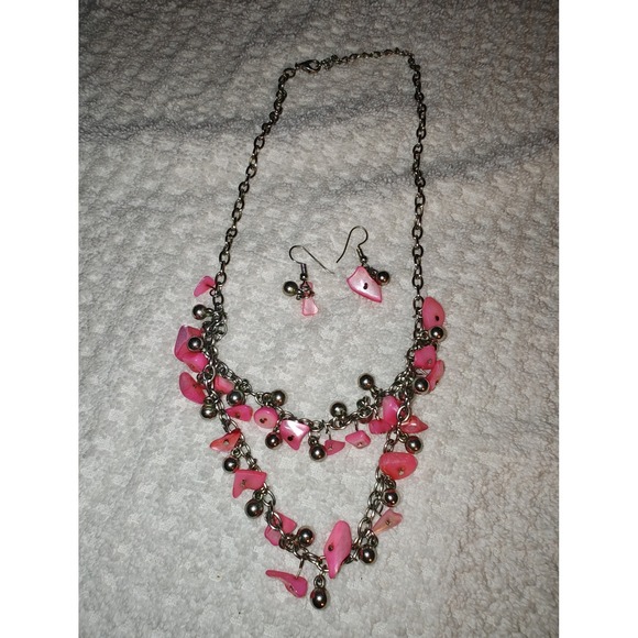 Jewelry - Jewelry Set Pink Shell Chip Silver Tone Ball Bead Layered Necklace Earrings